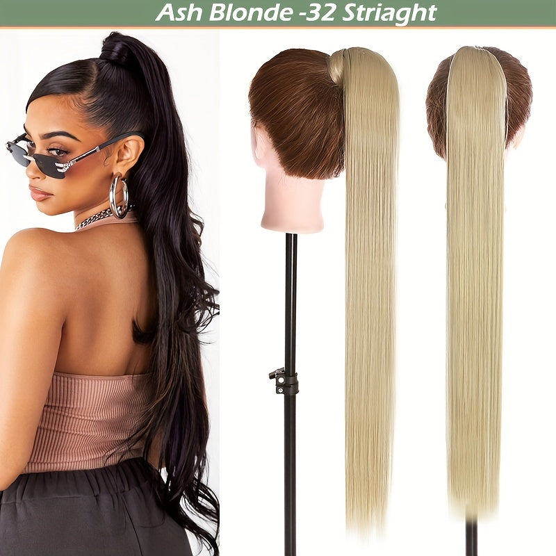 32-Inch Clip-In Wrap Around Ponytail Extension - Long Straight Synthetic Hairpiece with Natural Magic Tape, Soft & Versatile for Women - Perfect for Parties, Cosplay & Everyday Use