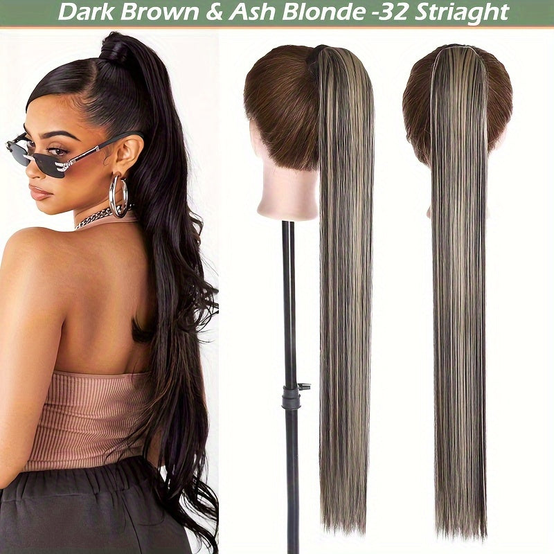 32-Inch Clip-In Wrap Around Ponytail Extension - Long Straight Synthetic Hairpiece with Natural Magic Tape, Soft & Versatile for Women - Perfect for Parties, Cosplay & Everyday Use