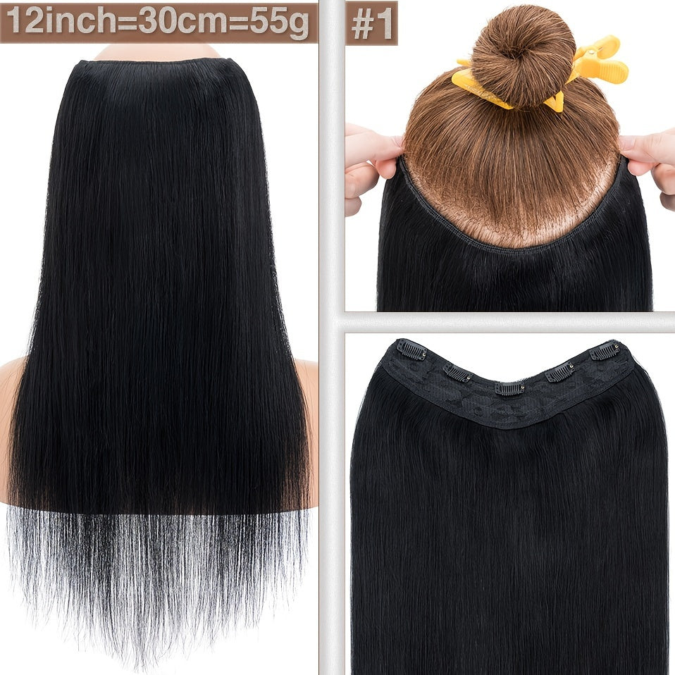 1pc V-Shaped Clip-In Weft Hairpiece - 100% Real Remy Human Hair Extensions, 30.48cm/50.8cm Straight Black Brown Blonde, 3/4 Full Head Volume, Natural Look for Caucasian Women, Hair Extension Accessory, Secure Clip Attachment