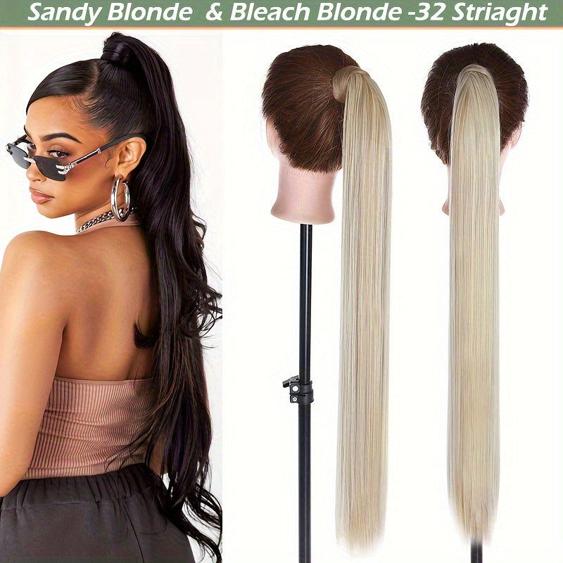 32-Inch Clip-In Wrap Around Ponytail Extension - Long Straight Synthetic Hairpiece with Natural Magic Tape, Soft & Versatile for Women - Perfect for Parties, Cosplay & Everyday Use