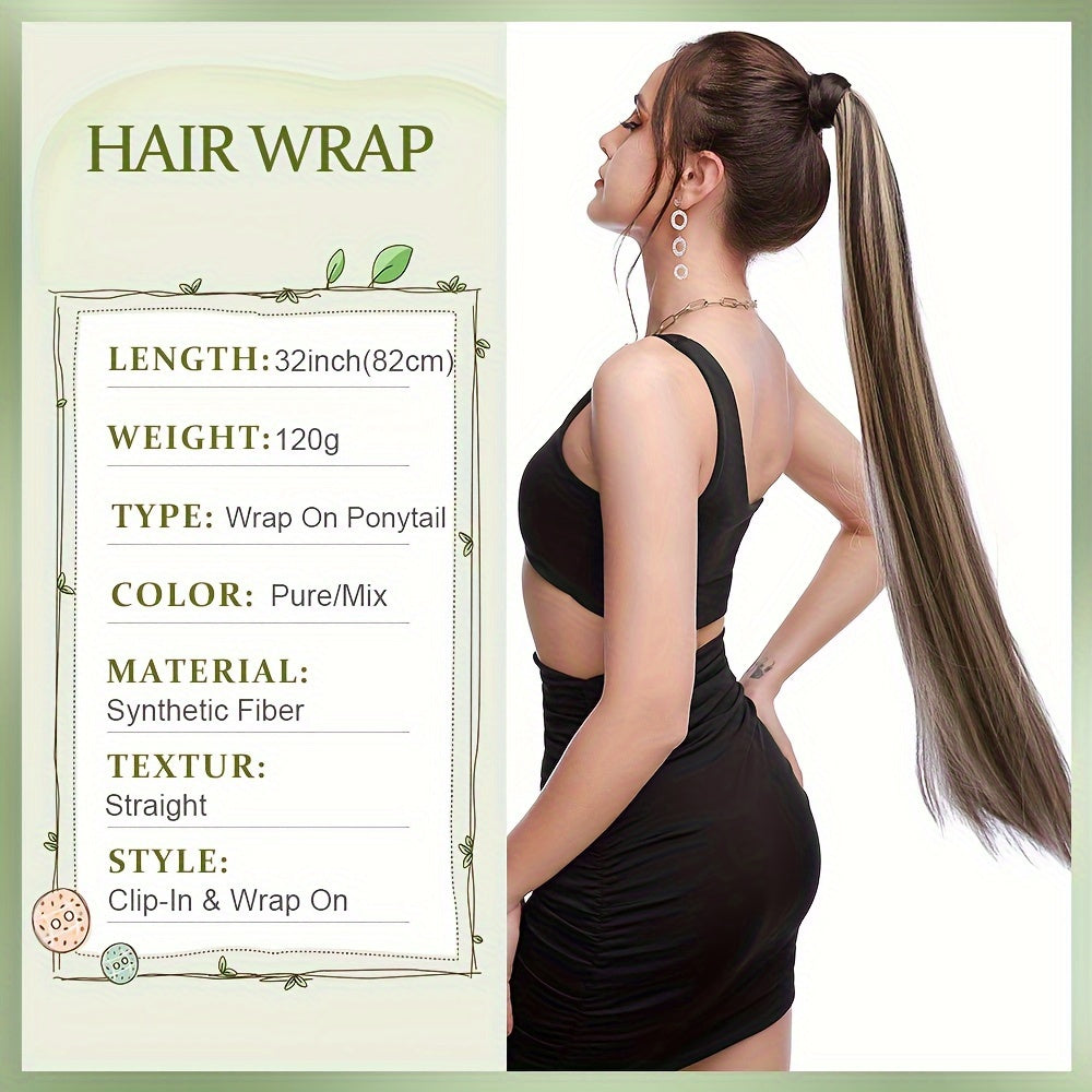 32-Inch Clip-In Wrap Around Ponytail Extension - Long Straight Synthetic Hairpiece with Natural Magic Tape, Soft & Versatile for Women - Perfect for Parties, Cosplay & Everyday Use