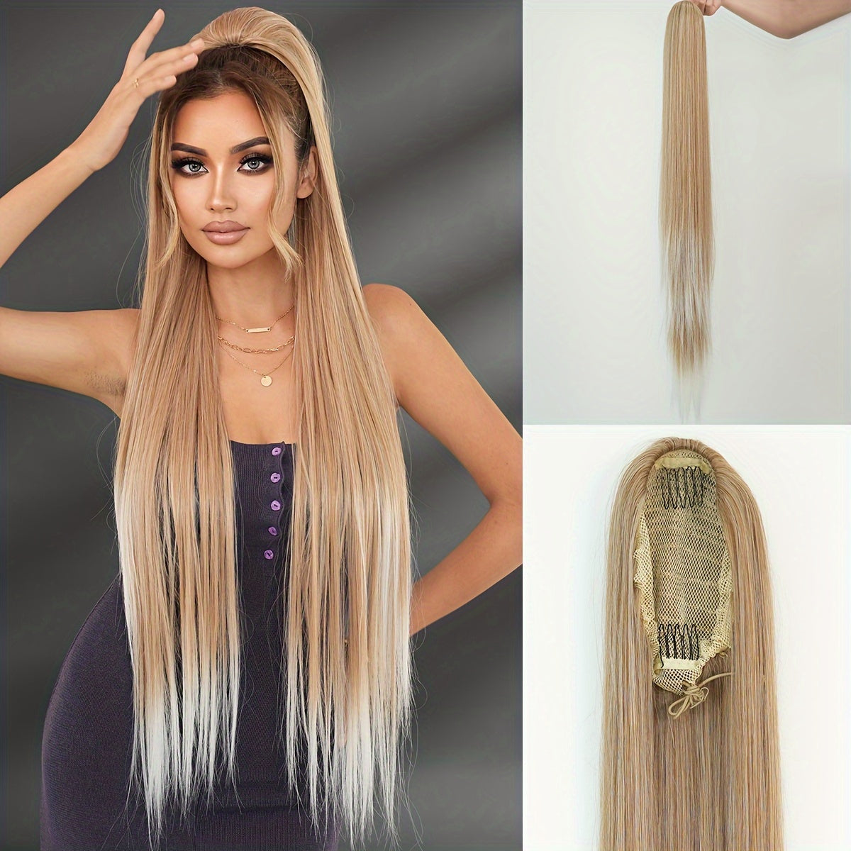 38-Inch Ombre White to Light Brown Ponytail Extension - Heat Resistant Synthetic Hair for Women, Perfect for Daily Wear & Parties