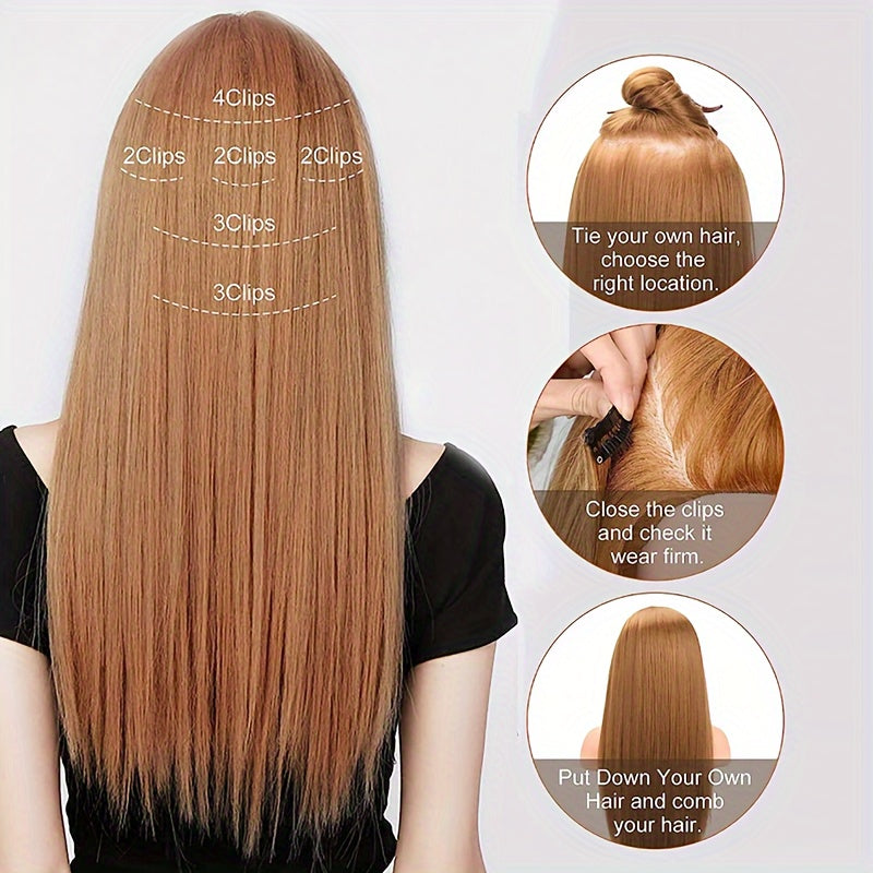 24 Inch Natural Heat-Resistant Synthetic Fiber Women's Clip-in Hair Extension Set, Super Soft Double Weft, Alluring Style