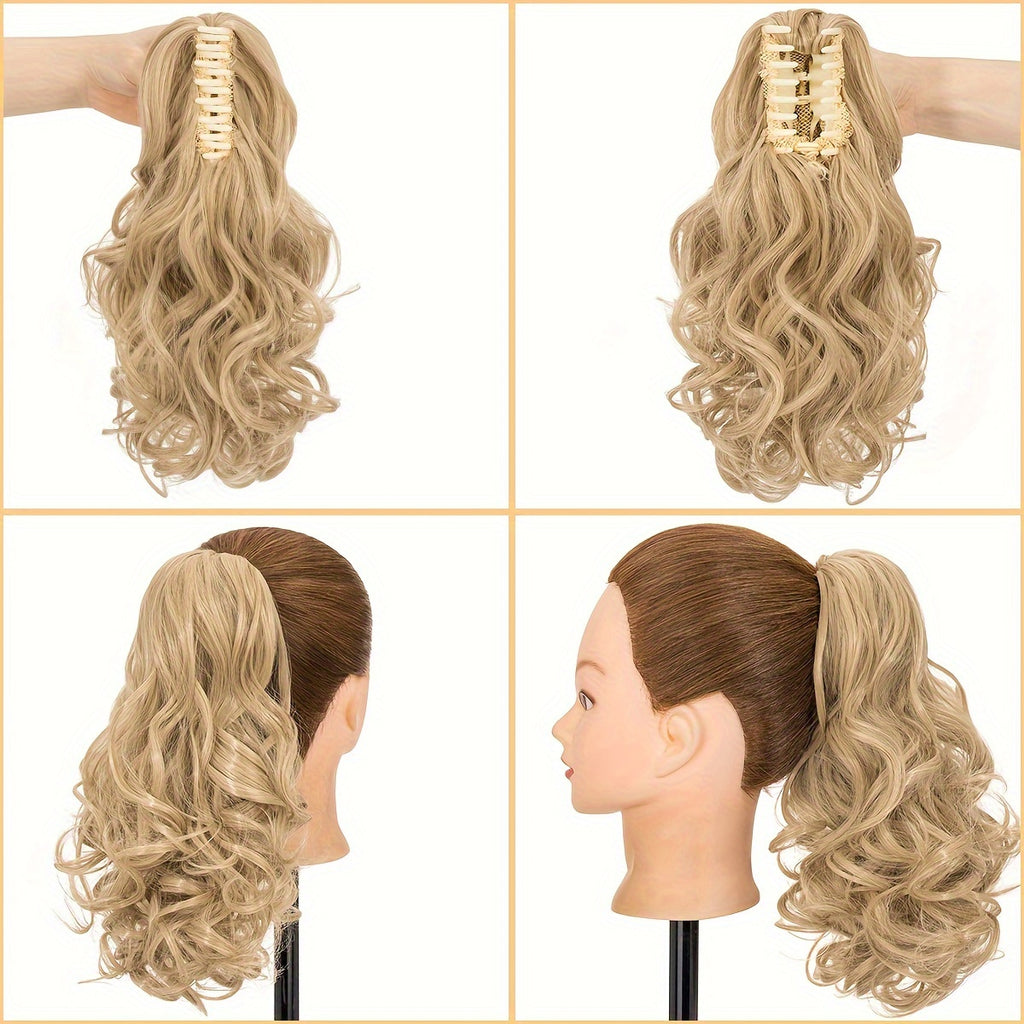 BENEHAIR 14" Ponytail Extensions Claw Short Thick Wavy Curly Claw Clip In Pony Tails Hairpiece Soft Natural Looking Synthetic Hairpiece For Women Medium Blonde With White Blonde Highlights For Halloween Gift