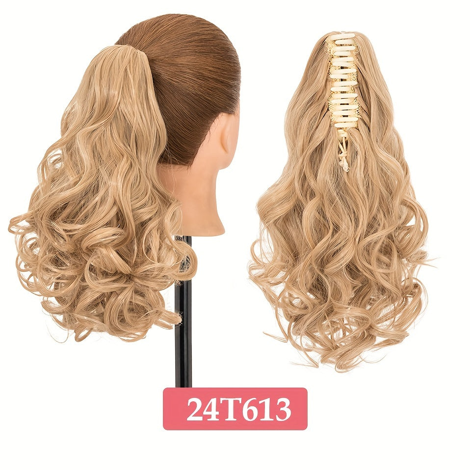 BENEHAIR 14" Ponytail Extensions Claw Short Thick Wavy Curly Claw Clip In Pony Tails Hairpiece Soft Natural Looking Synthetic Hairpiece For Women Medium Blonde With White Blonde Highlights For Halloween Gift