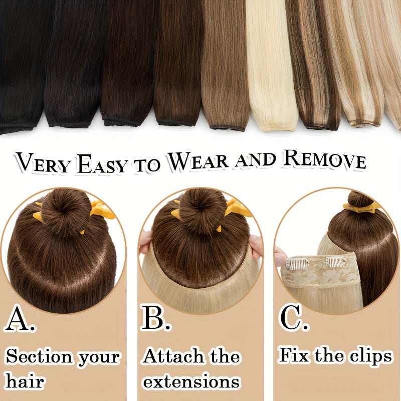 1pc V-Shaped Clip-In Weft Hairpiece - 100% Real Remy Human Hair Extensions, 30.48cm/50.8cm Straight Black Brown Blonde, 3/4 Full Head Volume, Natural Look for Caucasian Women, Hair Extension Accessory, Secure Clip Attachment