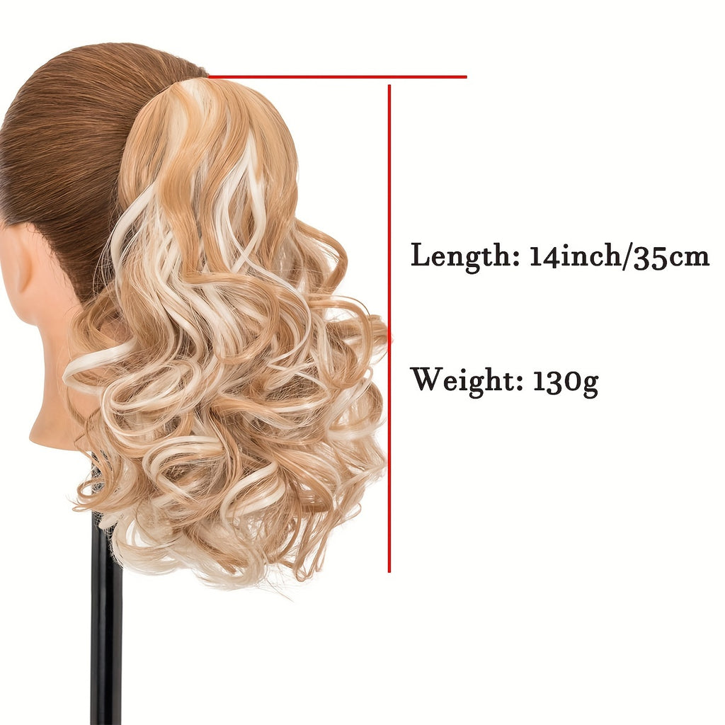 BENEHAIR 14" Ponytail Extensions Claw Short Thick Wavy Curly Claw Clip In Pony Tails Hairpiece Soft Natural Looking Synthetic Hairpiece For Women Medium Blonde With White Blonde Highlights For Halloween Gift