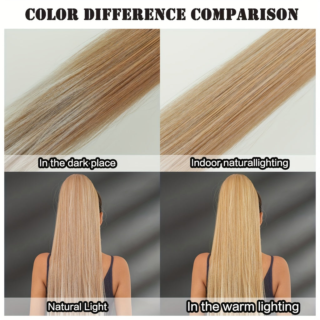 38-Inch Ombre White to Light Brown Ponytail Extension - Heat Resistant Synthetic Hair for Women, Perfect for Daily Wear & Parties