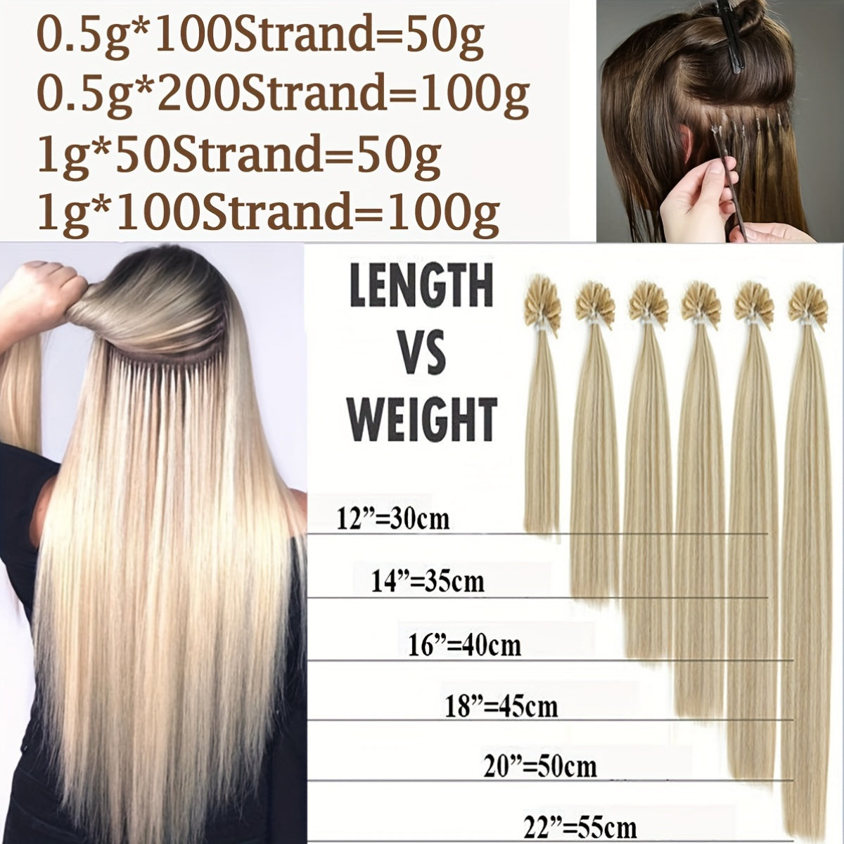 [Keratin U Tip Extensions] 100% Real Human Hair Keratin U Tip Hair Extensions | 16in-24in Pre Bonded U Tip Extensions, 50 Strands, 50 Gram, Keratin Fusion