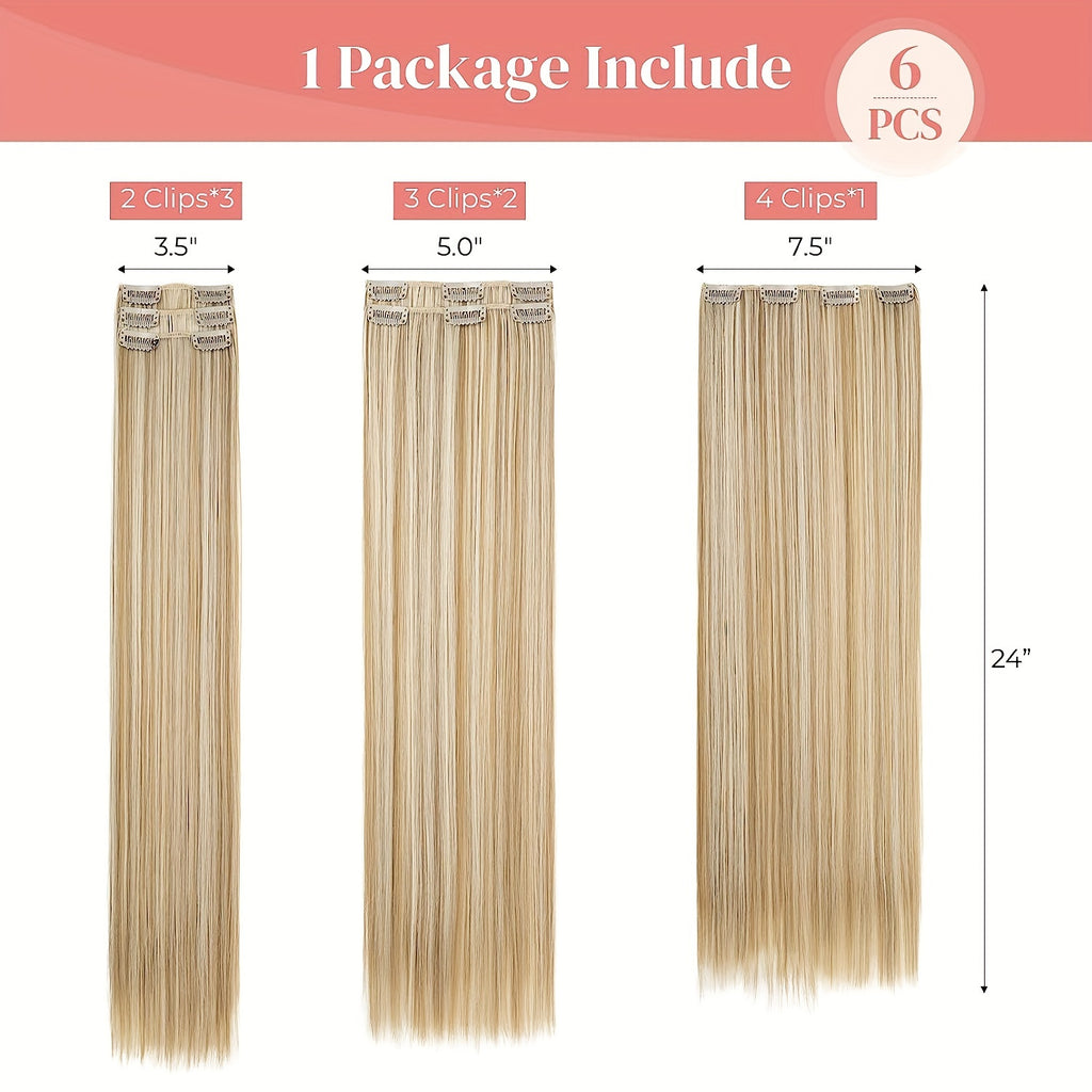 24 Inch Natural Heat-Resistant Synthetic Fiber Women's Clip-in Hair Extension Set, Super Soft Double Weft, Alluring Style