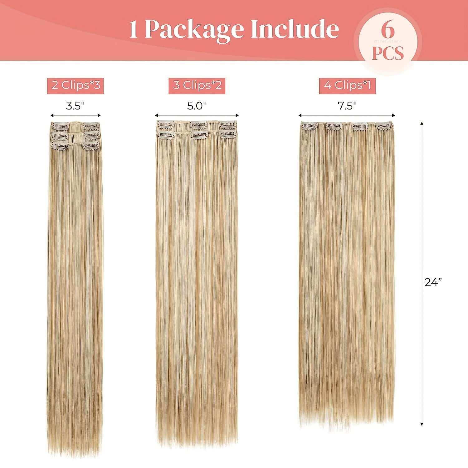 24 Inch Natural Heat-Resistant Synthetic Fiber Women's Clip-in Hair Extension Set, Super Soft Double Weft, Alluring Style