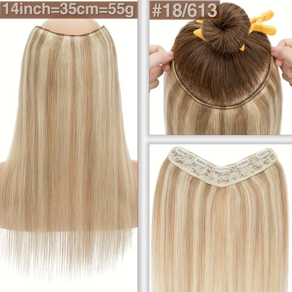 1pc V-Shaped Clip-In Weft Hairpiece - 100% Real Remy Human Hair Extensions, 30.48cm/50.8cm Straight Black Brown Blonde, 3/4 Full Head Volume, Natural Look for Caucasian Women, Hair Extension Accessory, Secure Clip Attachment