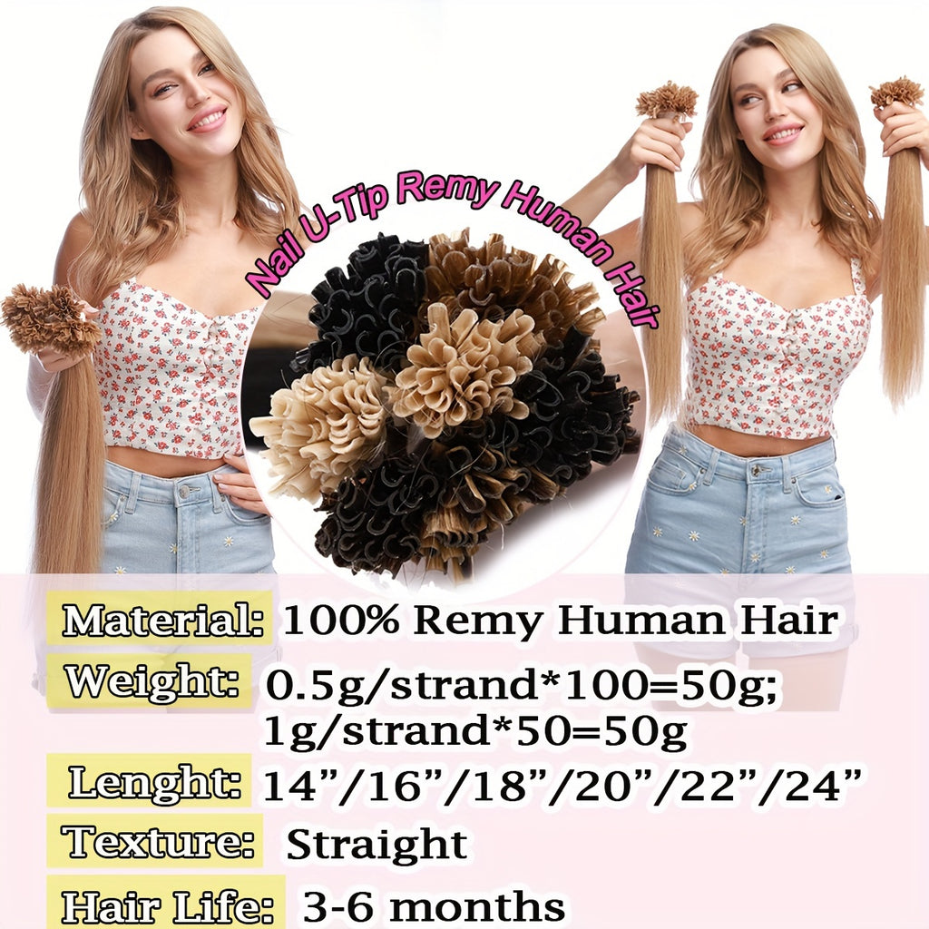 [Keratin U Tip Extensions] 100% Real Human Hair Keratin U Tip Hair Extensions | 16in-24in Pre Bonded U Tip Extensions, 50 Strands, 50 Gram, Keratin Fusion