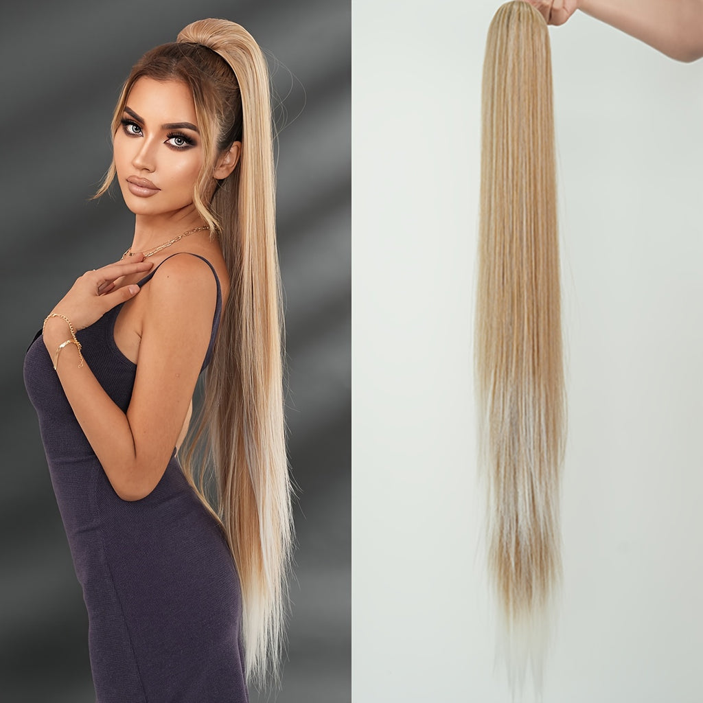 38-Inch Ombre White to Light Brown Ponytail Extension - Heat Resistant Synthetic Hair for Women, Perfect for Daily Wear & Parties