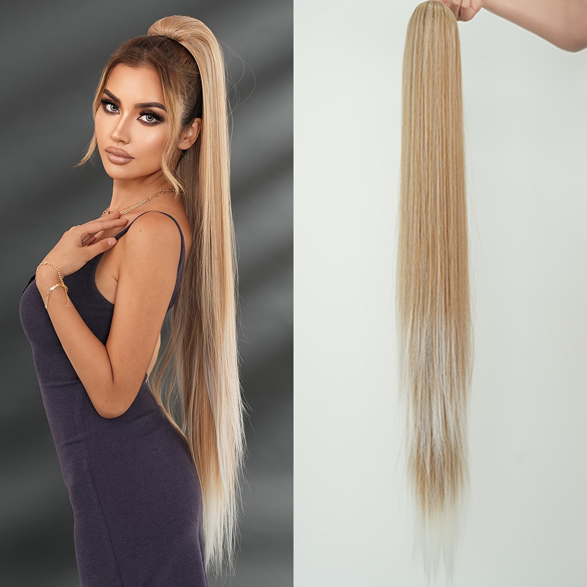 38-Inch Ombre White to Light Brown Ponytail Extension - Heat Resistant Synthetic Hair for Women, Perfect for Daily Wear & Parties