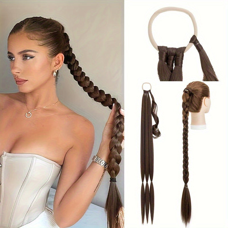 A 34-inch Long Braided Ponytail Hair Extension With Elastic Band For A Straight And Smooth Wrapped Ponytail DIY Hairstyle.