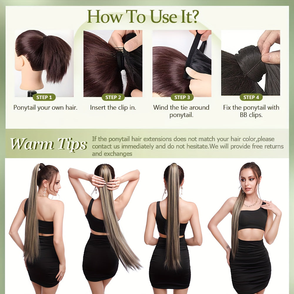32-Inch Clip-In Wrap Around Ponytail Extension - Long Straight Synthetic Hairpiece with Natural Magic Tape, Soft & Versatile for Women - Perfect for Parties, Cosplay & Everyday Use