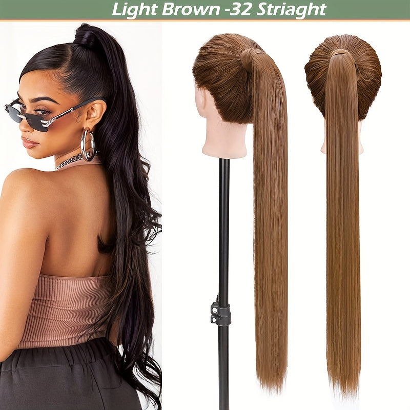 32-Inch Clip-In Wrap Around Ponytail Extension - Long Straight Synthetic Hairpiece with Natural Magic Tape, Soft & Versatile for Women - Perfect for Parties, Cosplay & Everyday Use