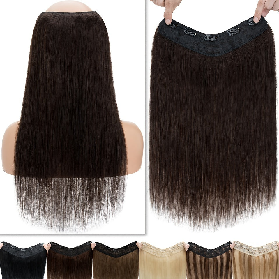 1pc V-Shaped Clip-In Weft Hairpiece - 100% Real Remy Human Hair Extensions, 30.48cm/50.8cm Straight Black Brown Blonde, 3/4 Full Head Volume, Natural Look for Caucasian Women, Hair Extension Accessory, Secure Clip Attachment