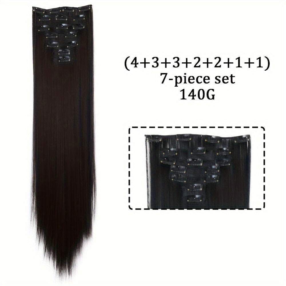 16" Long Straight Hair Extension Clip-In Kit for Women - 7pcs Set with Adjustable Clips, Natural Look for All Ethnicities, Easy Installation, Versatile Styling Options, Hair Accessories